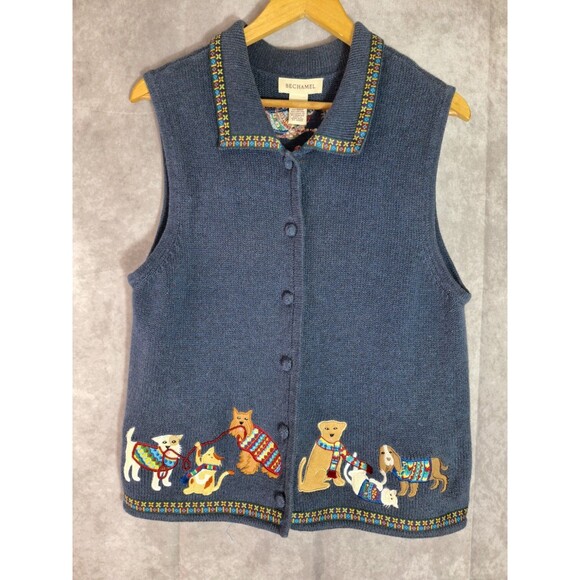Vtg 90s BECHAMEL Knit Ugly Christmas Sweater Vest Womens M Cats and Dogs Playing - Picture 1 of 8